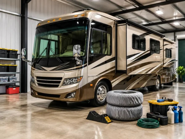 Large luxury motorhome parked inside a clean indoor RV storage facility with covered tires, maintenance tools, and organized storage equipment.