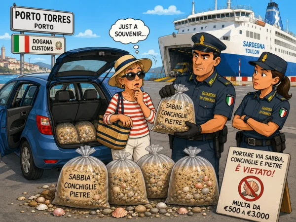 Cartoon illustration of Italian customs officers stopping a tourist in Sardinia after discovering bags of sand, shells and pebbles hidden in her car at Porto Torres ferry port.