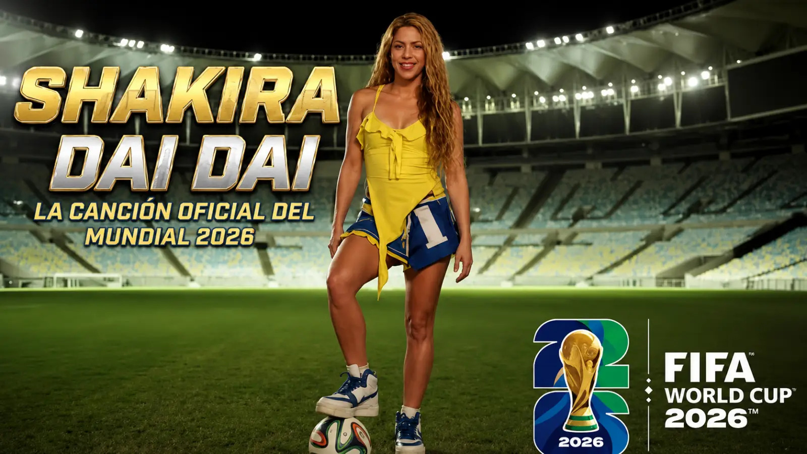 Shakira stands on a football pitch inside a stadium during promotional artwork for “Dai Dai,” the FIFA World Cup 2026 official song.