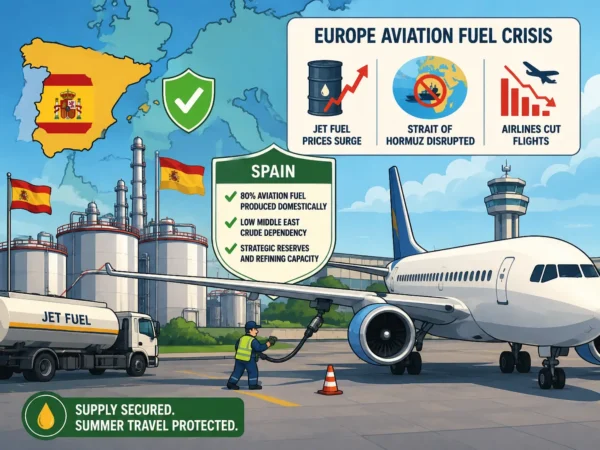 Cartoon illustration showing Spain’s aviation fuel strength during Europe’s jet fuel crisis with aircraft, refineries and airline disruption graphics.