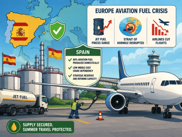 Aviation 9 Cartoon illustration showing Spain’s aviation fuel strength during Europe’s jet fuel crisis with aircraft, refineries and airline disruption graphics.
