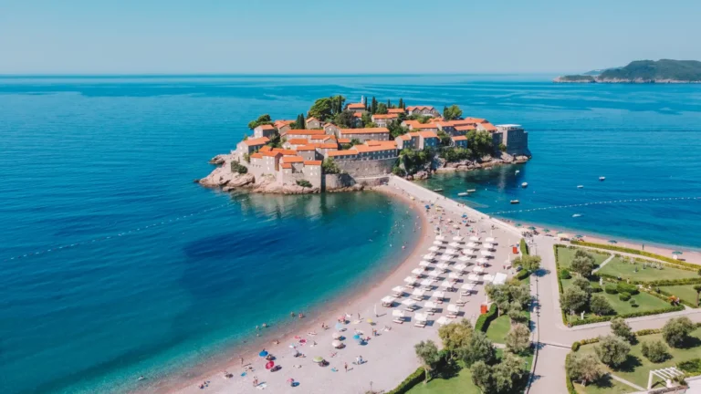 Aerial view of Sveti Stefan island and beach on the Montenegrin coast