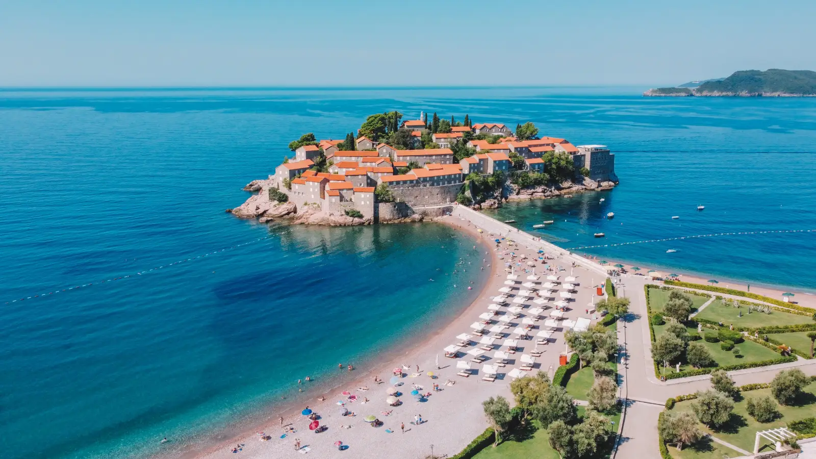 Aerial view of Sveti Stefan island and beach on the Montenegrin coast