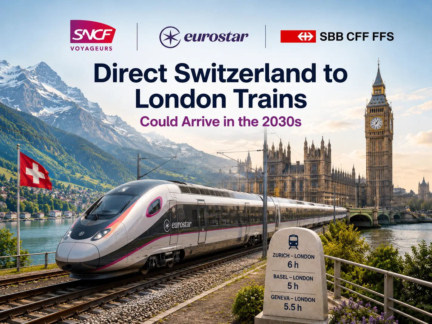 High-speed Eurostar-style train travelling between Swiss Alpine scenery and the London skyline with SNCF Voyageurs, Eurostar and SBB logos promoting future direct Switzerland to London rail services.