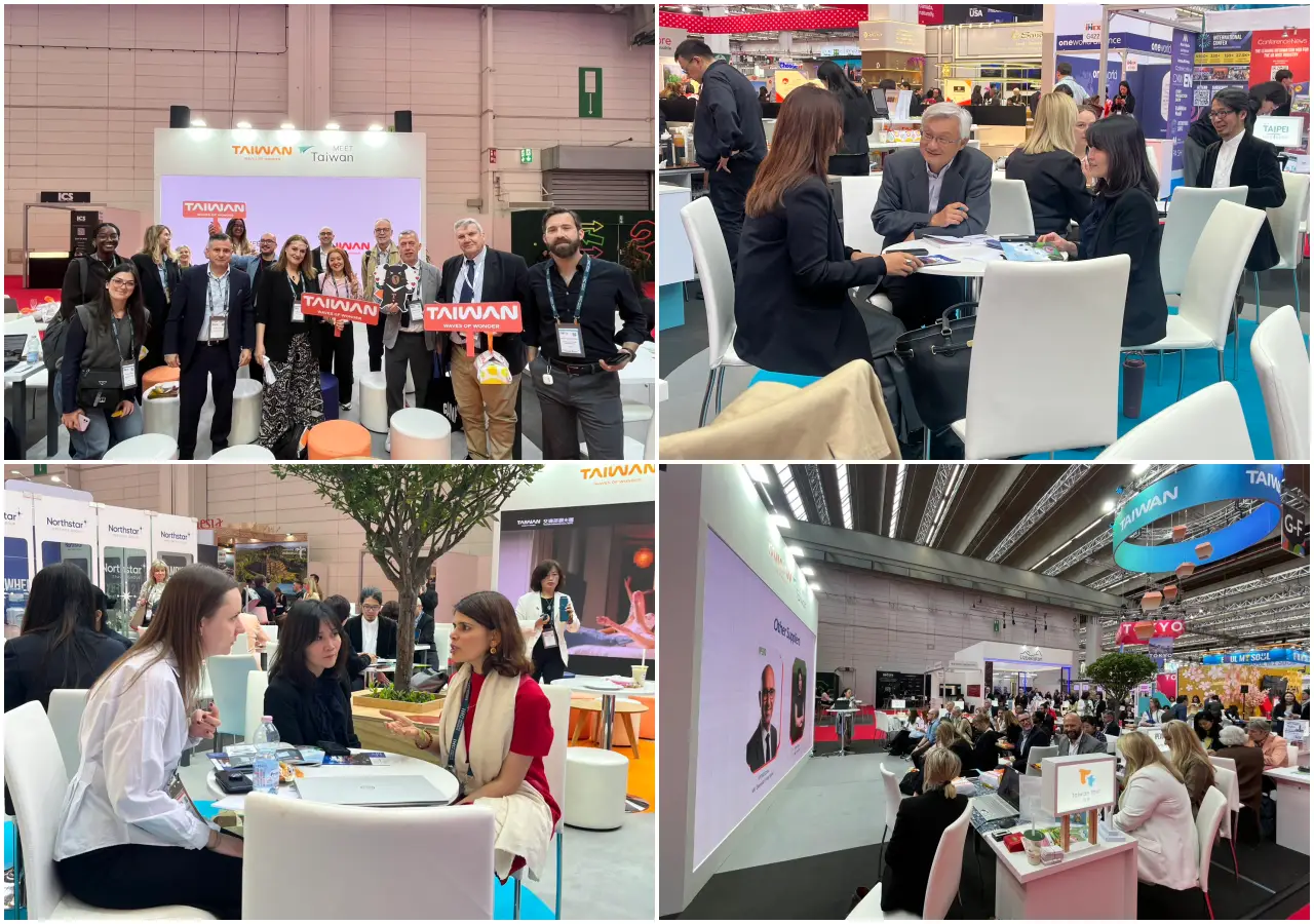 Taiwan Turns Heads At Imex Frankfurt With Ai And Bubble Tea 3 Collage showing business meetings, presentations and networking at the Taiwan Pavilion during IMEX Frankfurt 2026