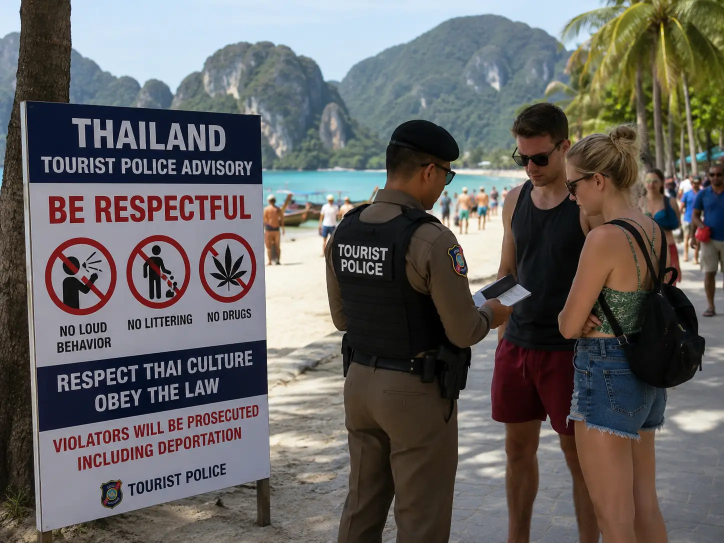 Thai tourist police speak with foreign visitors on a beach promenade in Thailand beside a warning sign about local laws and tourist behaviour.