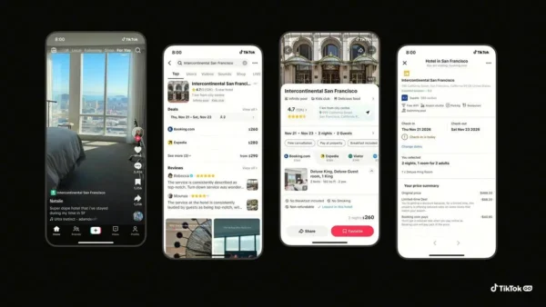 Screens showing TikTok GO hotel booking and travel experience features integrated into the TikTok app interface.