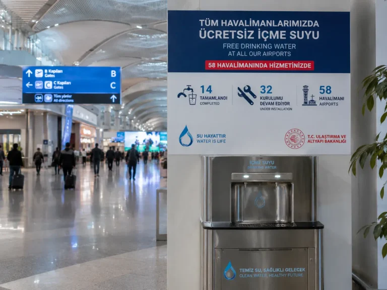 Aviation 22 Free drinking water dispenser installed inside a modern Turkish airport terminal with passengers walking through the concourse