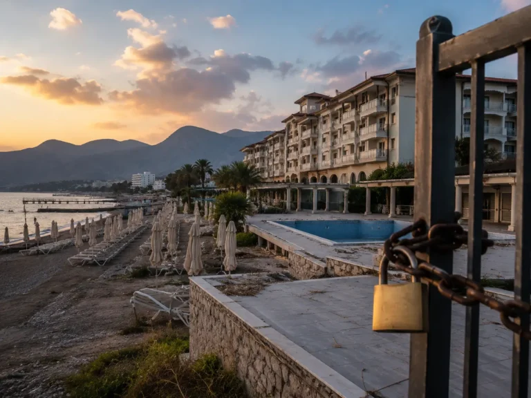 Empty seaside resort hotel in Turkey with closed pool area and locked gate during sunset amid tourism industry crisis.