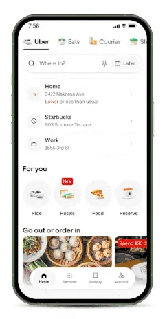 Uber Hotel Booking Launches In Us But Is It Really Cheaper? 3 Smartphone displaying the Uber app home screen with Ride, Hotels, Food and Reserve options.