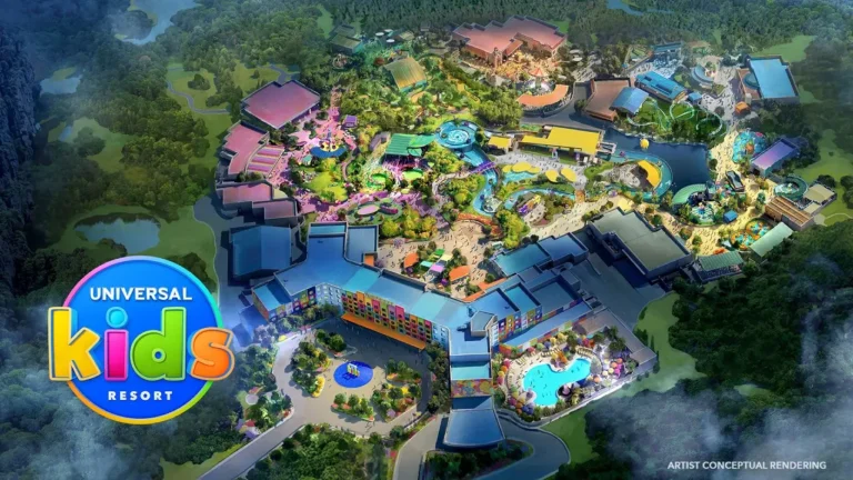 Tours 24 Artist's conceptual aerial rendering of Universal Kids Resort in Frisco, Texas, depicting the 20-acre park's colorful themed lands, rides, and attractions alongside the adjacent Universal Kids Resort Hotel with its outdoor pool, surrounded by green landscaping