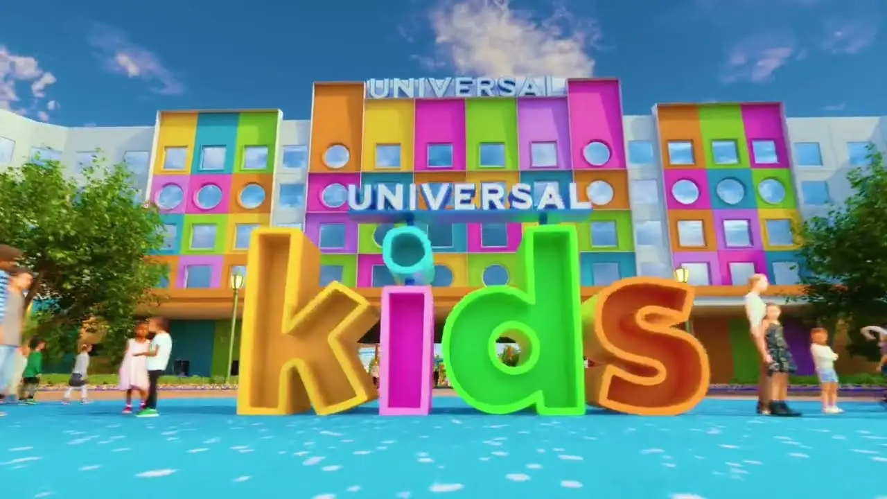 Universal Just Revealed The Opening Date For Its First-Ever Kids Theme Park 4 Artist's concept rendering of the entrance to the Universal Kids Resort Hotel in Frisco, Texas, featuring a brightly colored multi-story building facade in pink, orange, green and yellow panels, with large three-dimensional "kids" lettering in the foreground and families with children gathered outside under a blue sky