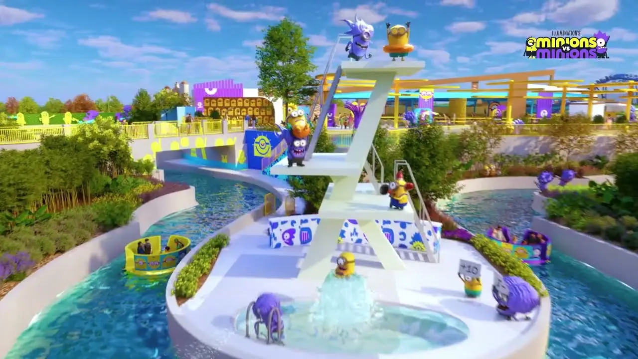 Universal Just Revealed The Opening Date For Its First-Ever Kids Theme Park 3 Artist's concept rendering of Illumination's Minions vs. Minions: Bello Bay Club themed land at Universal Kids Resort in Frisco, Texas, featuring yellow and purple Minion characters on a diving platform island surrounded by a water ride channel, with colorful themed structures and landscaping in the background