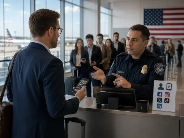 Business traveler showing a smartphone to a US border officer at an airport immigration checkpoint while passengers wait in line behind.