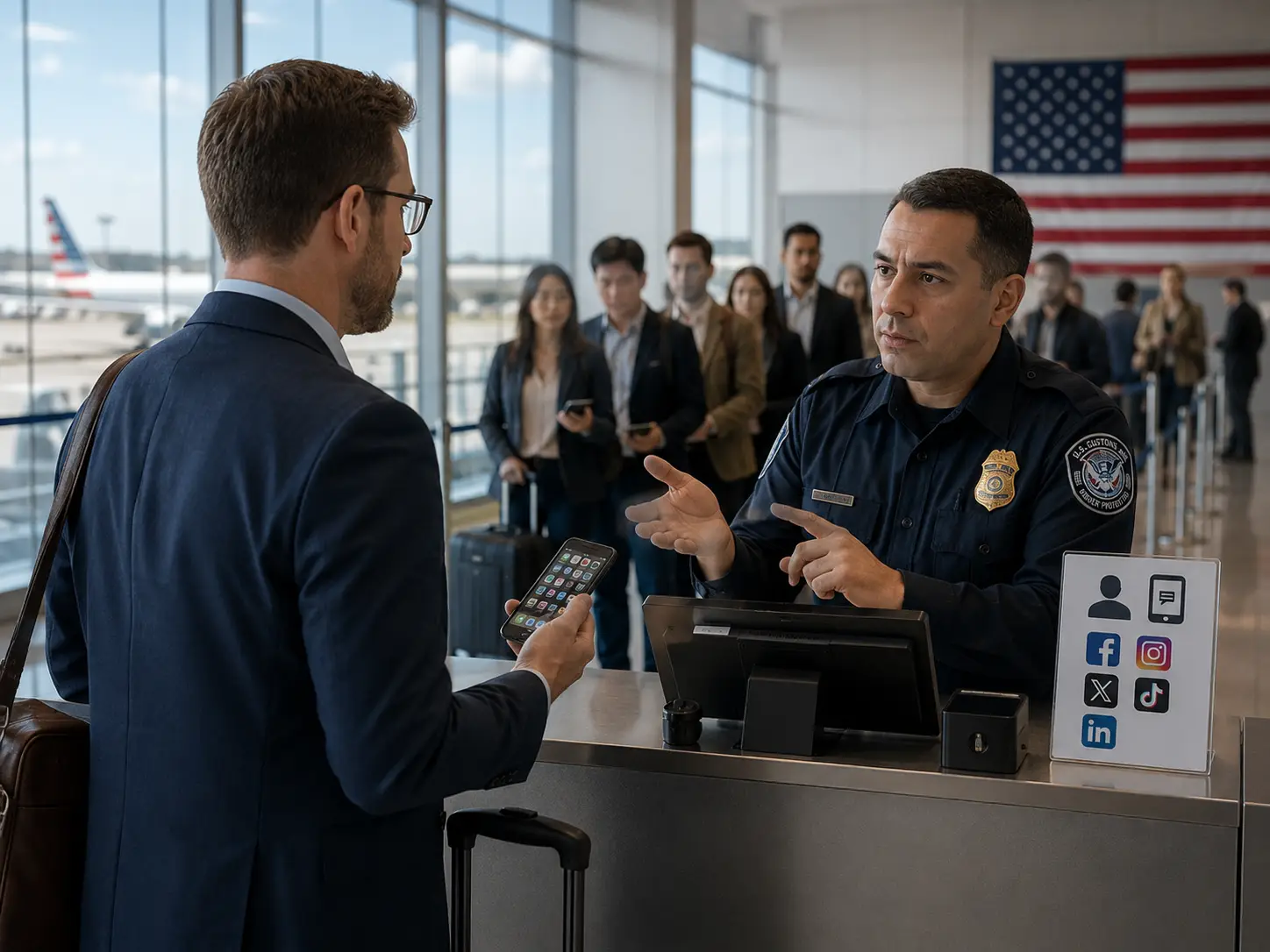 Business traveler showing a smartphone to a US border officer at an airport immigration checkpoint while passengers wait in line behind.