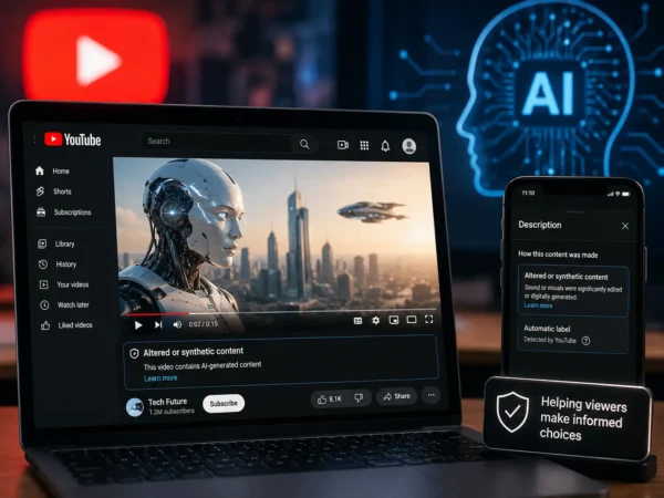 Laptop and smartphone displaying AI-generated video labels on a YouTube-style interface with artificial intelligence graphics in the background.