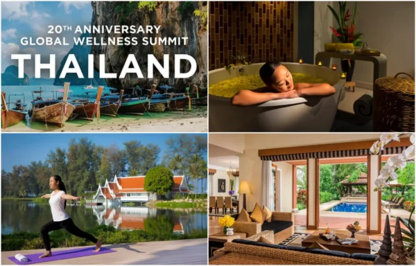 A four image collage promoting the 20th anniversary Global Wellness Summit in Thailand, showing longtail boats on a beach beneath limestone cliffs, a woman relaxing in a flower petal bath, a woman doing yoga beside a lagoon with traditional Thai pavilions, and a resort villa living area opening onto a pool and garden.