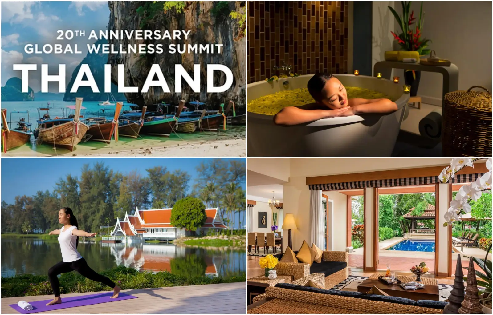 A four image collage promoting the 20th anniversary Global Wellness Summit in Thailand, showing longtail boats on a beach beneath limestone cliffs, a woman relaxing in a flower petal bath, a woman doing yoga beside a lagoon with traditional Thai pavilions, and a resort villa living area opening onto a pool and garden.