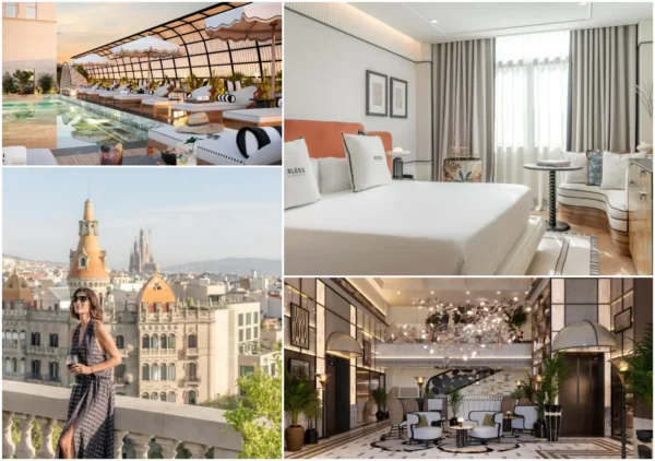Home 8 Collage of Bless Barcelona hotel showing rooftop pool, guest room, city views with Sagrada Familia, and lobby interior