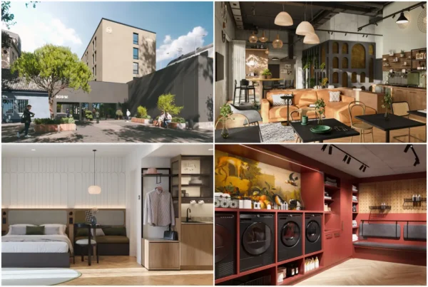 A four-image collage of architectural and interior renders for the Bob W aparthotel opening in Stuttgart's Bad Cannstatt district in 2027. Top left shows the five-storey exterior façade with the Bob W logo and street-level greenery. Top right shows the communal lounge and kitchen area with warm lighting, rattan pendant lamps, an orange sofa and open shelving. Bottom left shows a smart apartment bedroom with a double bed, built-in wardrobe, open shelving and a compact kitchenette. Bottom right shows the designer laundry room with red cabinetry, black washing machines and a decorative mural on the wall.