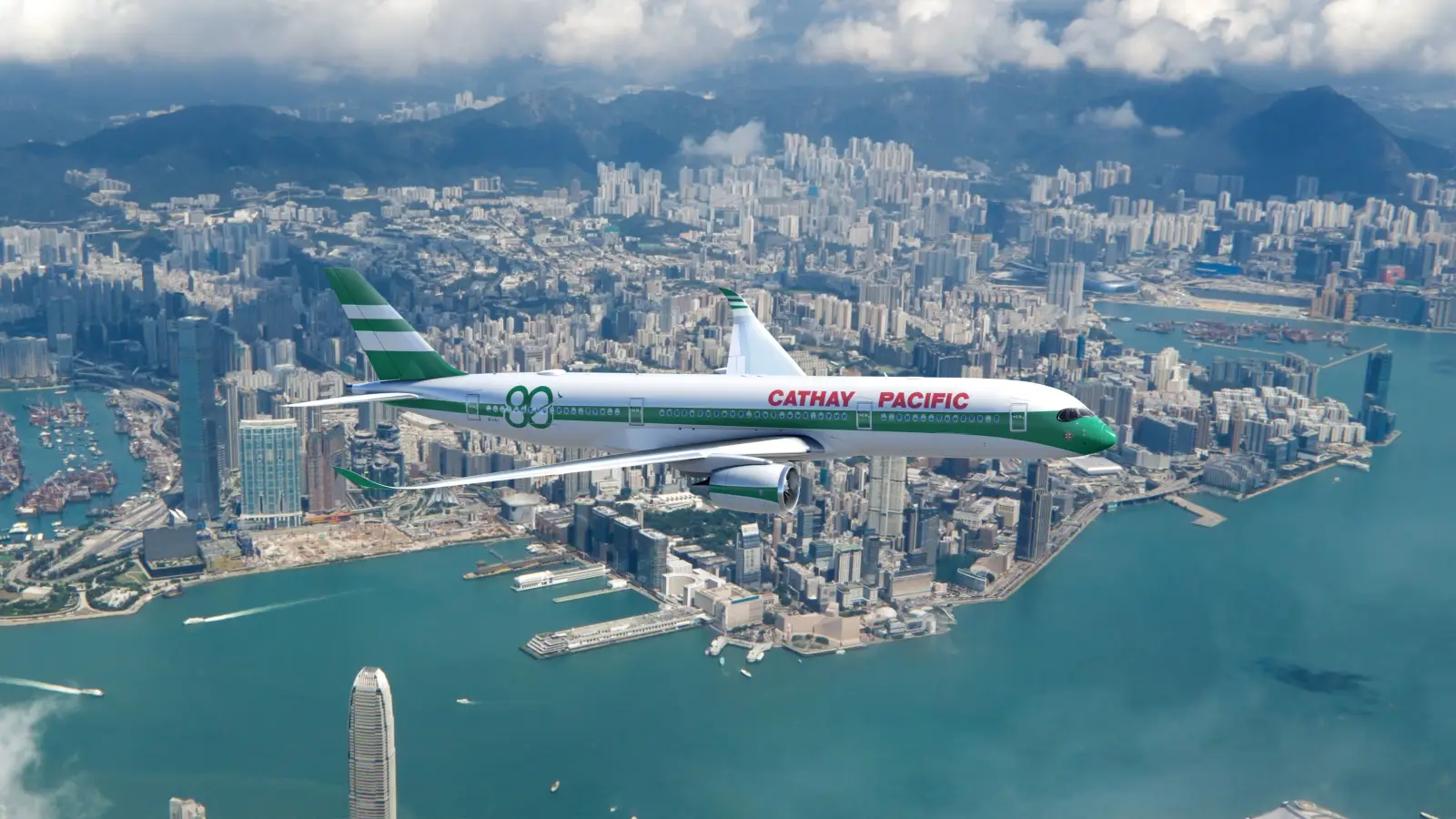 Cathay Pacific aircraft flying over Hong Kong skyline during the airline’s 80th anniversary campaign