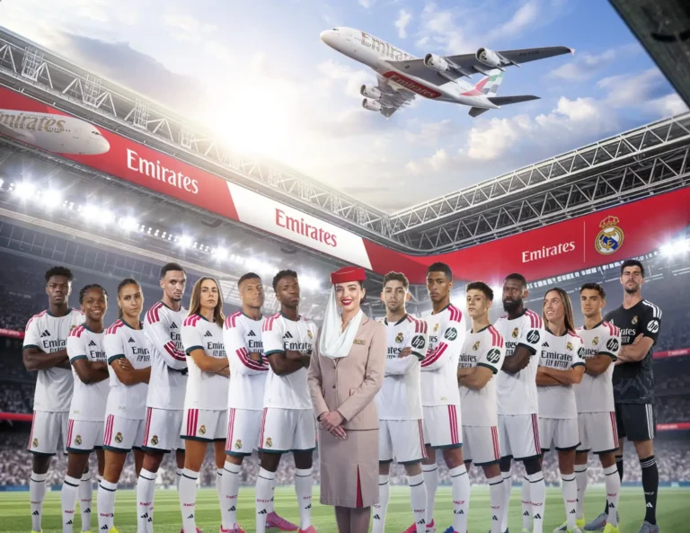 Sports Tourism 10 Emirates cabin crew and Real Madrid players inside Santiago Bernabéu Stadium with an Emirates A380 flying overhead