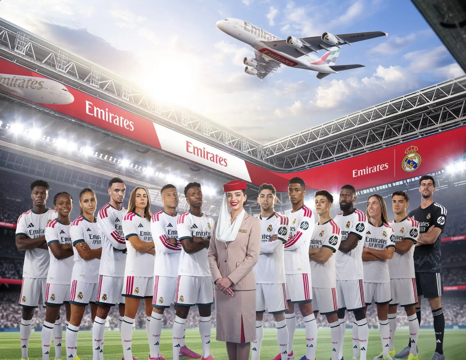 Emirates cabin crew and Real Madrid players inside Santiago Bernabéu Stadium with an Emirates A380 flying overhead