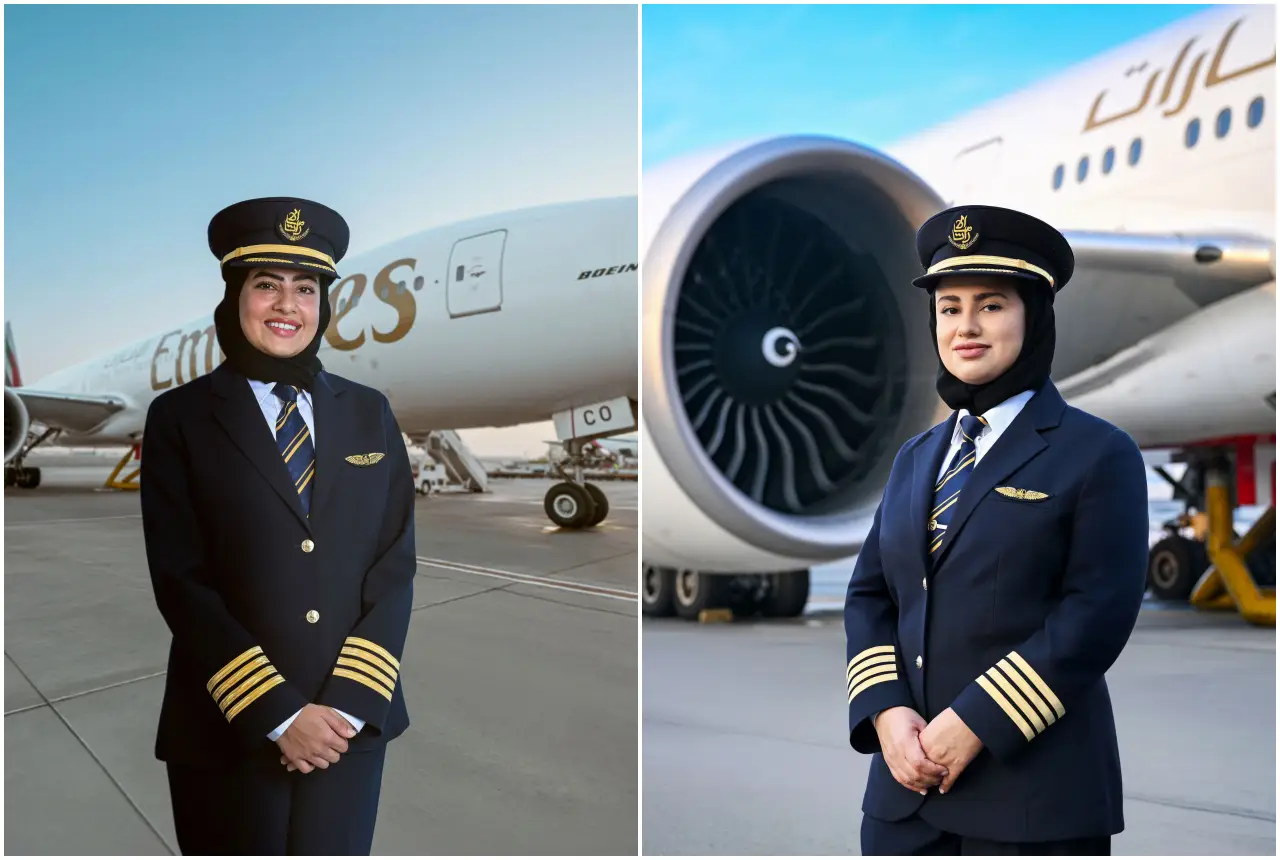 Two Emirati female captains wearing Emirates uniforms with four-stripe epaulettes stand in front of Boeing 777 aircraft on the tarmac, one beside the fuselage and one beside the engine, marking their promotion to captain.