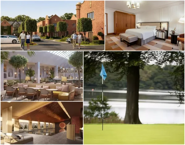 A five-panel collage of Fairmont Cheshire, The Mere, showing guests walking past the red-brick heritage exterior, a luxury guest room with warm wood furnishings, a bright glass-roofed lounge bar with indoor trees, a pool spa with gold ceiling, and a golf course green with a lake and woodland backdrop