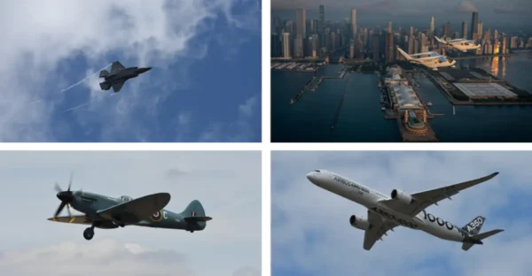 collage of four aircrafts that can be viewed at the Farnborough International Airshow 2026