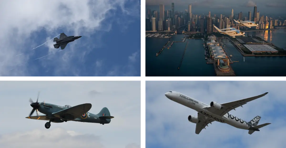collage of four aircrafts that can be viewed at the Farnborough International Airshow 2026