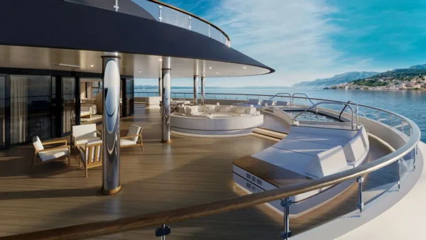 Home 7 Expansive outdoor terrace of a Four Seasons yacht residential suite featuring lounge seating, a private pool and panoramic Mediterranean sea views.