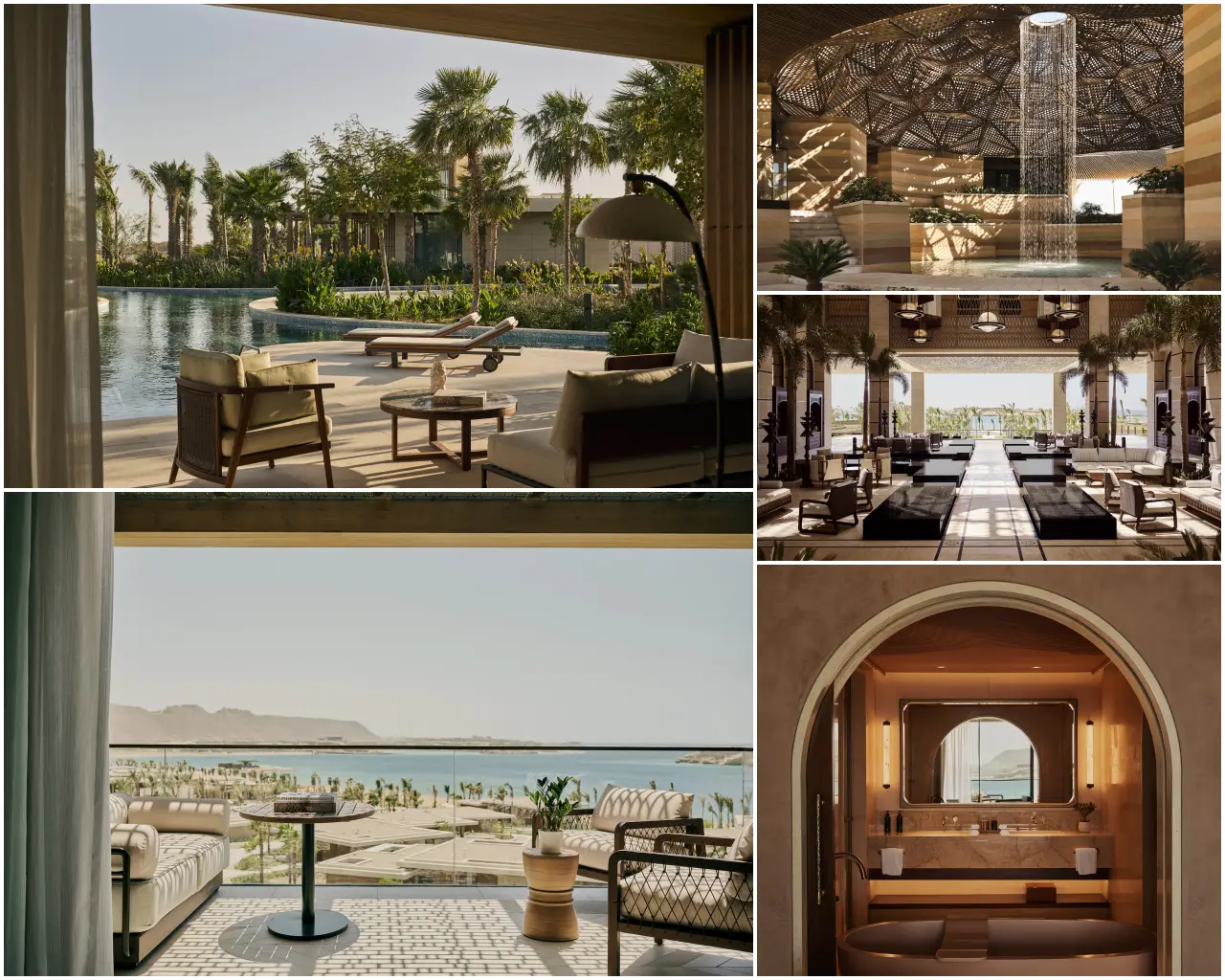 Four Seasons Amaala Resort Debuts In Saudi Arabia 3 Four Seasons AMAALA Triple Bay collage showing pool terrace, spa waterfall feature, open-air lounge, Red Sea balcony view and arched bathroom interior