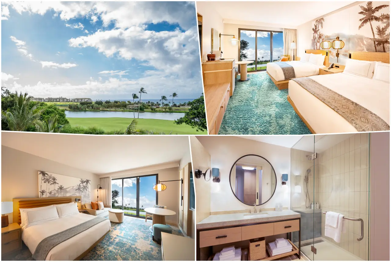 Hilton Opens Its First Hawai‘i Curio Resort On Kaua‘i This October 3 Collage showing guest rooms, golf course views and bathroom interiors at Hale Hōkūala Kaua‘i, Curio Collection by Hilton