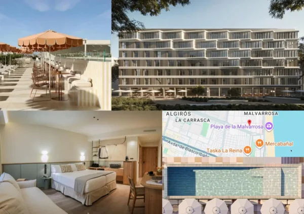 Intelier Malvarrosa Plaza hotel in Valencia, showing rooftop terrace, exterior, room and location