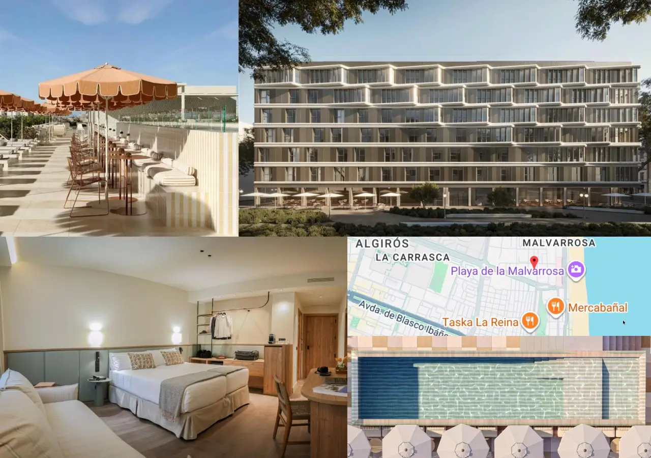 Intelier Malvarrosa Plaza hotel in Valencia, showing rooftop terrace, exterior, room and location