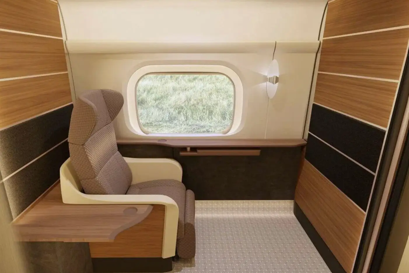 Interior of a private Shinkansen suite featuring a reclining seat, work table, large window and enclosed cabin on Japan's premium bullet train.