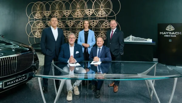 Executives from Maybach Ocean Club, Lloyd Werft and Mercedes-Benz Design at the signing ceremony for the Beyond Horizons superyacht project