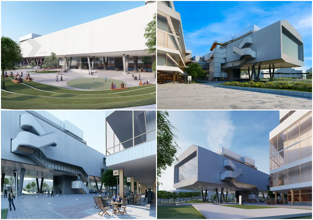 Prague Congress Centre Begins Construction Of New Exhibition Hall 4 Architectural renderings of the future Prague Congress Centre Exhibition Hall, showing the elevated modern structure, public plazas, landscaped areas and new pedestrian spaces planned for the expanded congress campus.