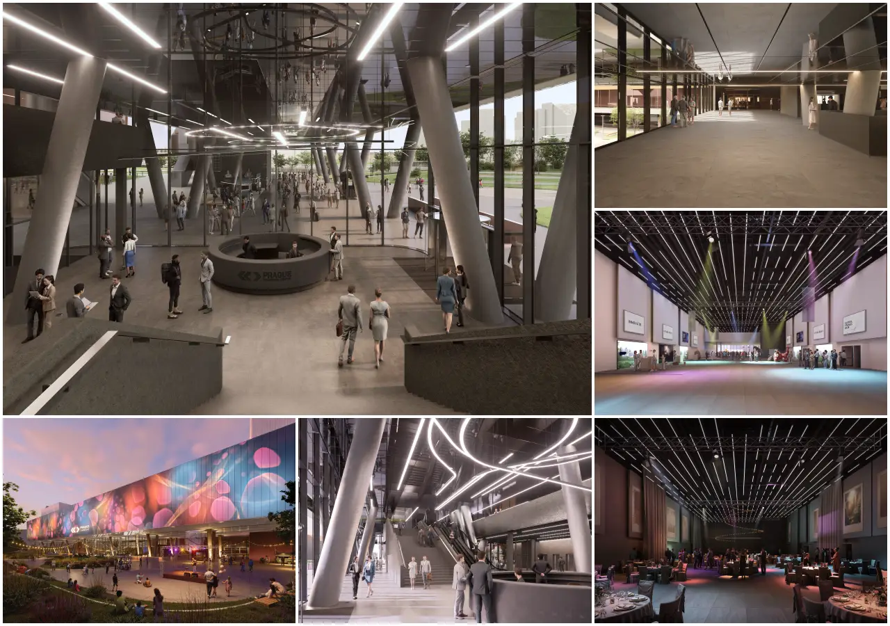 Prague Congress Centre Begins Construction Of New Exhibition Hall 5 Interior renderings of the new Prague Congress Centre Exhibition Hall, featuring a large event foyer, flexible exhibition space, gala event setup, modern circulation areas and contemporary congress facilities.