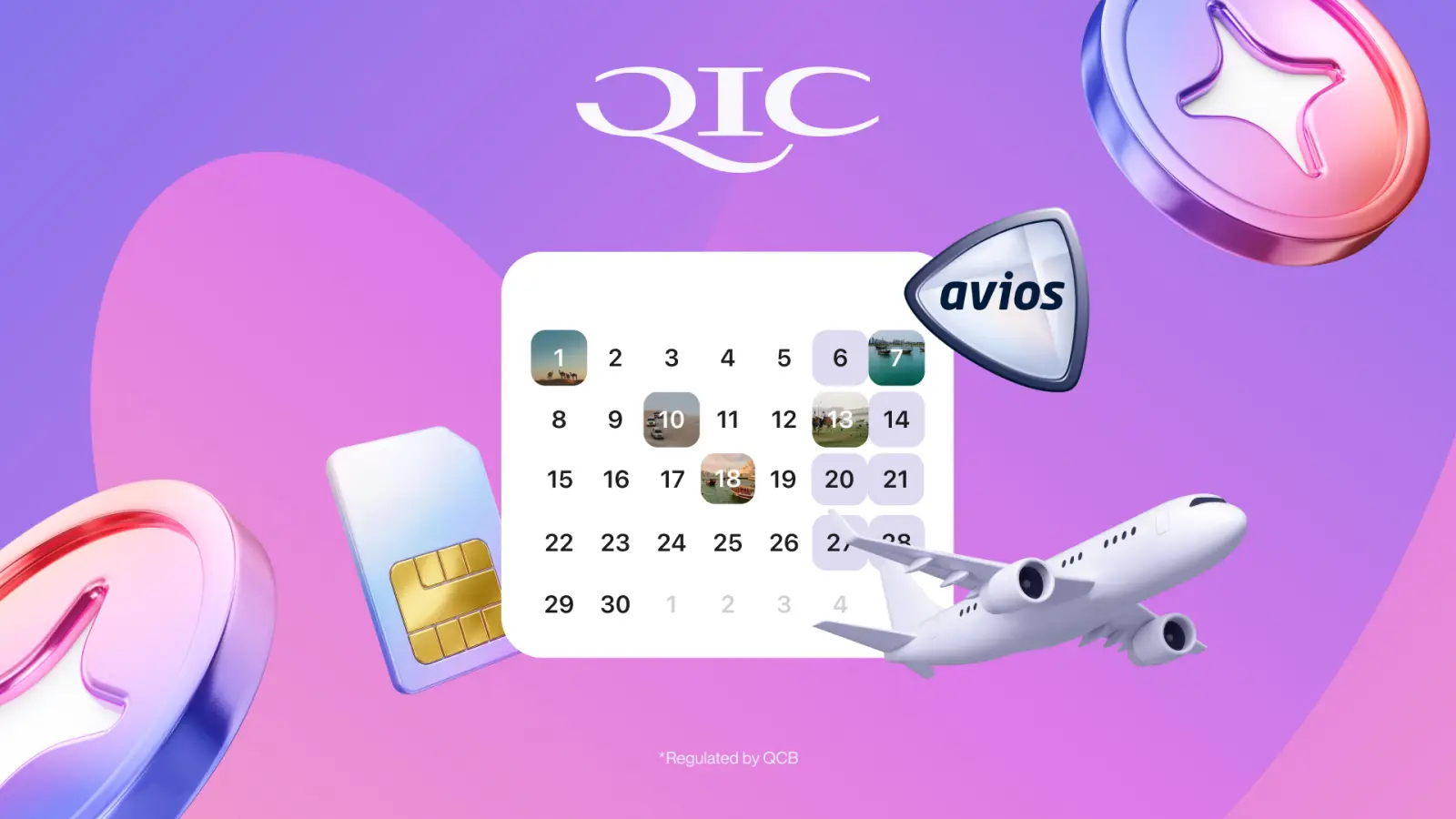 Qatar Insurance App Now Lets You Book Hotels, Convert Points And Get A Free Esim 3 QIC App promotional graphic showing new travel features including Avios points conversion, eSIM card and event calendar
