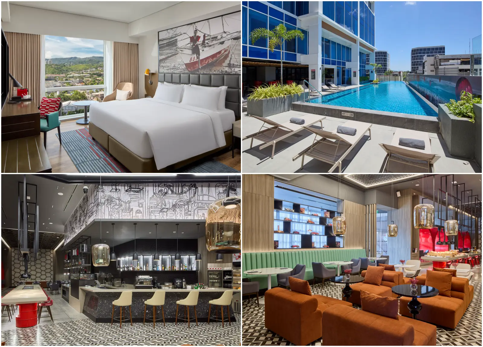 Cebu Gets A Bold New Beat As Radisson Red Makes Its Philippine Debut 3 Collage of Radisson RED Cebu Mandaue showing a guest room, rooftop pool, OUIBar and a colourful social lounge area.