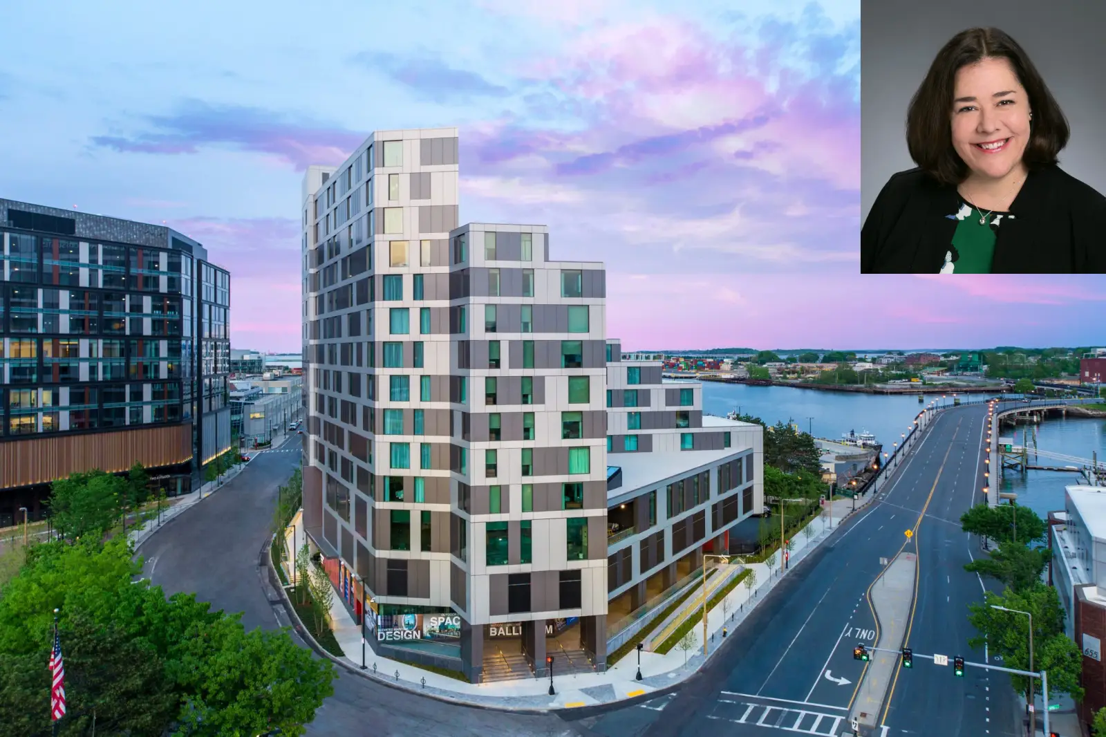 Aerial dusk view of the dual-brand Hampton Inn and Homewood Suites by Hilton Boston Seaport District with an inset headshot of general manager Rebecca Kirisits