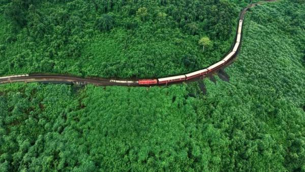 Aerial view of a luxury passenger train winding through lush green countryside in Vietnam