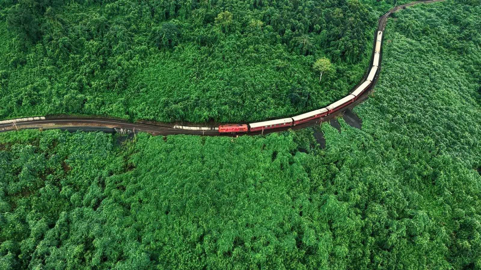 Aerial view of a luxury passenger train winding through lush green countryside in Vietnam