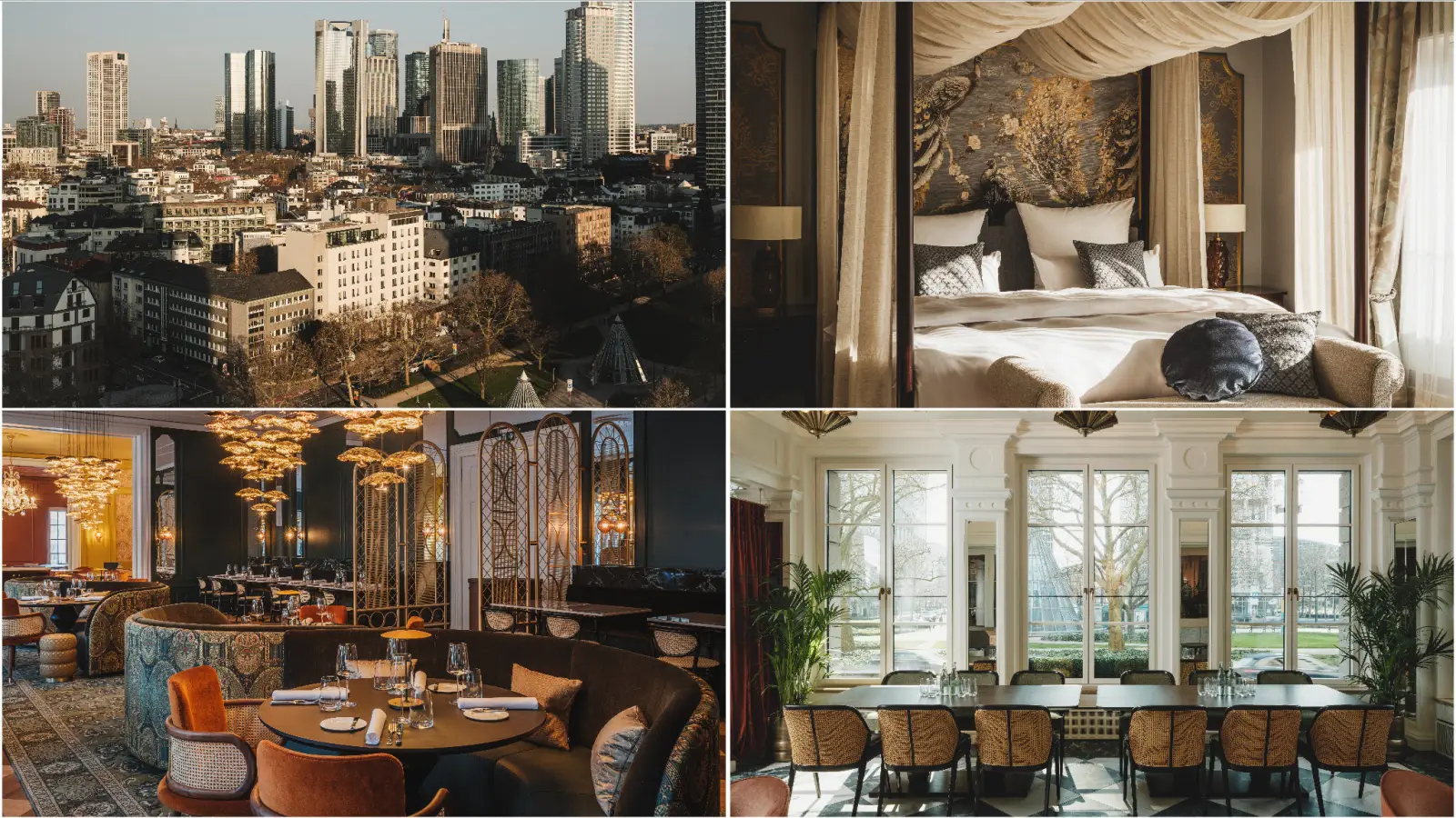 Luxury collage showing Frankfurt skyline, elegant suite interior, upscale restaurant and meeting space at Taj Hessischer Hof Frankfurt