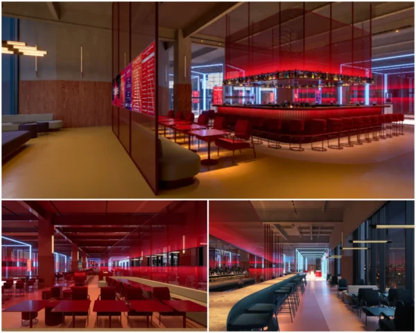 The Cube Chicago interior collage showing red mesh design, bar seating and lounge areas