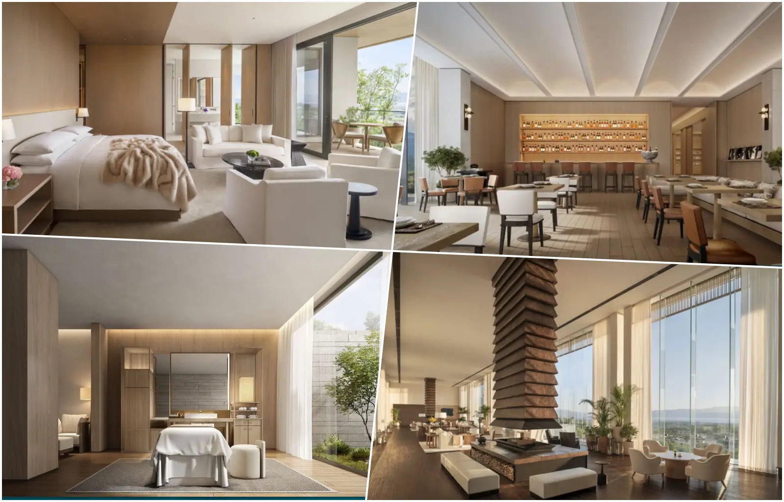 The Dali Edition Opens In Yunnan, Marking A New Chapter For Contemporary Luxury In Southwest China 3 Collage showcasing The Dali EDITION's luxury guest room, restaurant, spa treatment room, and lounge spaces overlooking the landscapes of Yunnan.