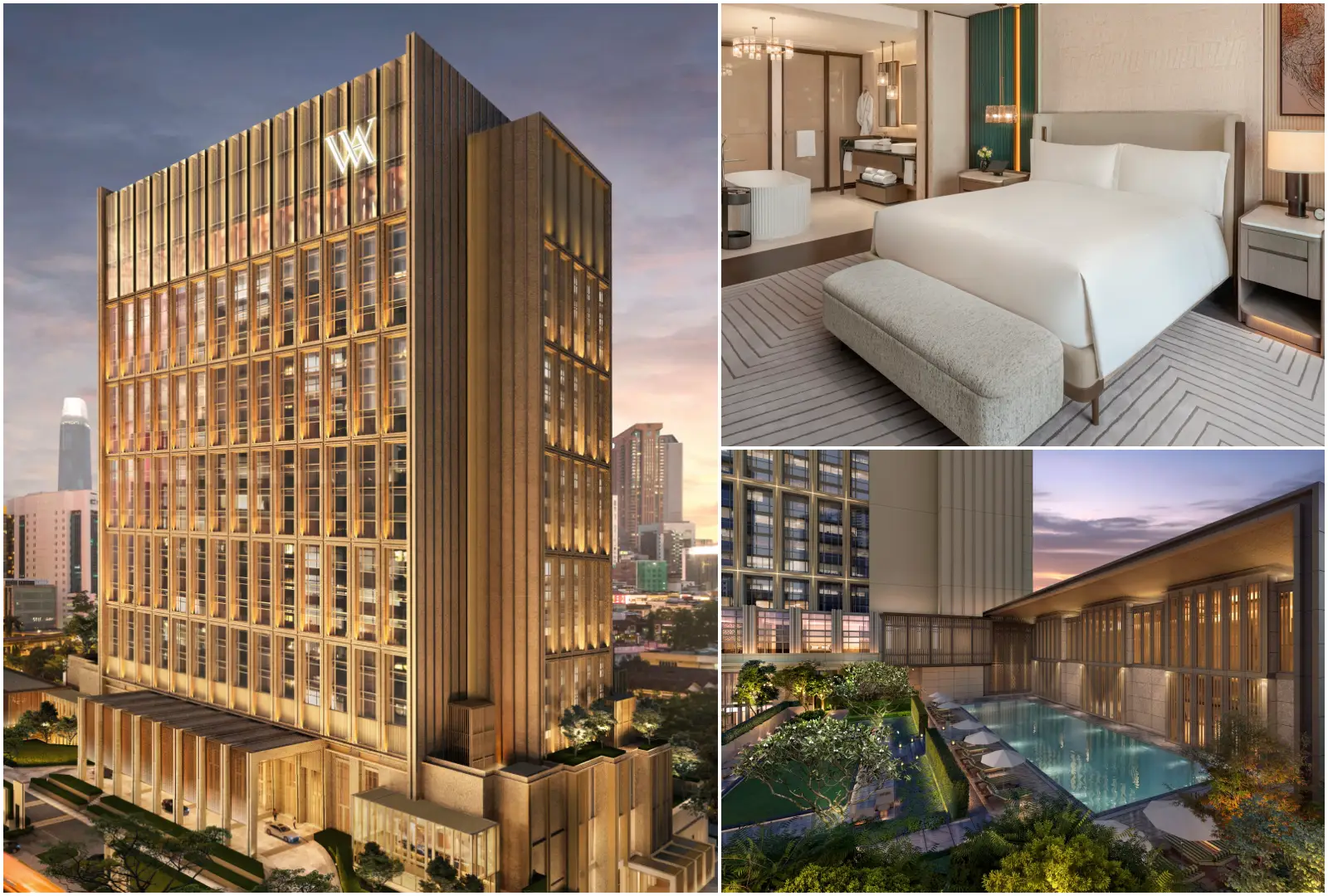 Collage showing the exterior, luxury guest room and outdoor pool at Waldorf Astoria Kuala Lumpur, the brand's first hotel in Malaysia.