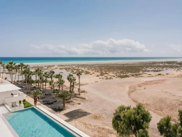 Aerial view of ZEL Fuerteventura's infinity pool overlooking Sotavento Beach, with palm trees, arid sandy landscape, and the turquoise Atlantic Ocean in the background, Pajara, Fuerteventura